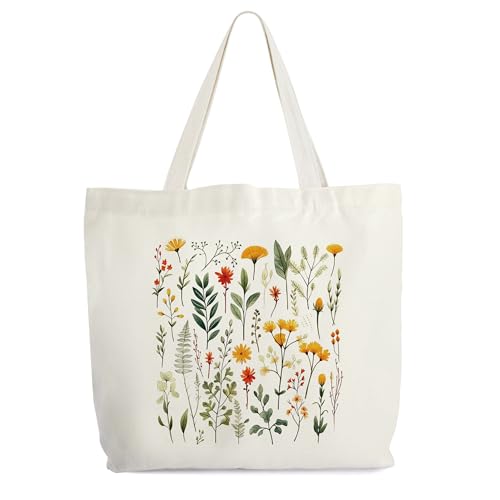 Levitatinyear Wildflowers Totes for Women, Floral Canvas Tote, Spring Flowers Shopping Bag, Vintage Wild Flower Library Book Bag, Retro Botanical Shoulder Bags Gifts for Women Friends Sister Mom -74