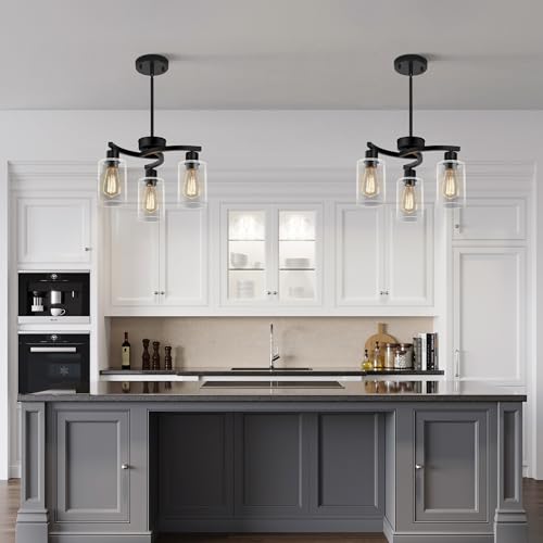 CNRATYE 3-Light Modern Farmhouse Black Pendant Lights Kitchen Island, Adjustable Height Contemporary Chandeliers for Dining Room Light Fixture Hanging, Clear Glass Shade - Image 4