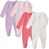 Aablexema Baby Pajamas with Mitten Cuffs Zipper 4-Pack Infant Newborn Cotton Long Sleeve Footie Outfit(Pink/Heart/Purple/Red,Newborn)