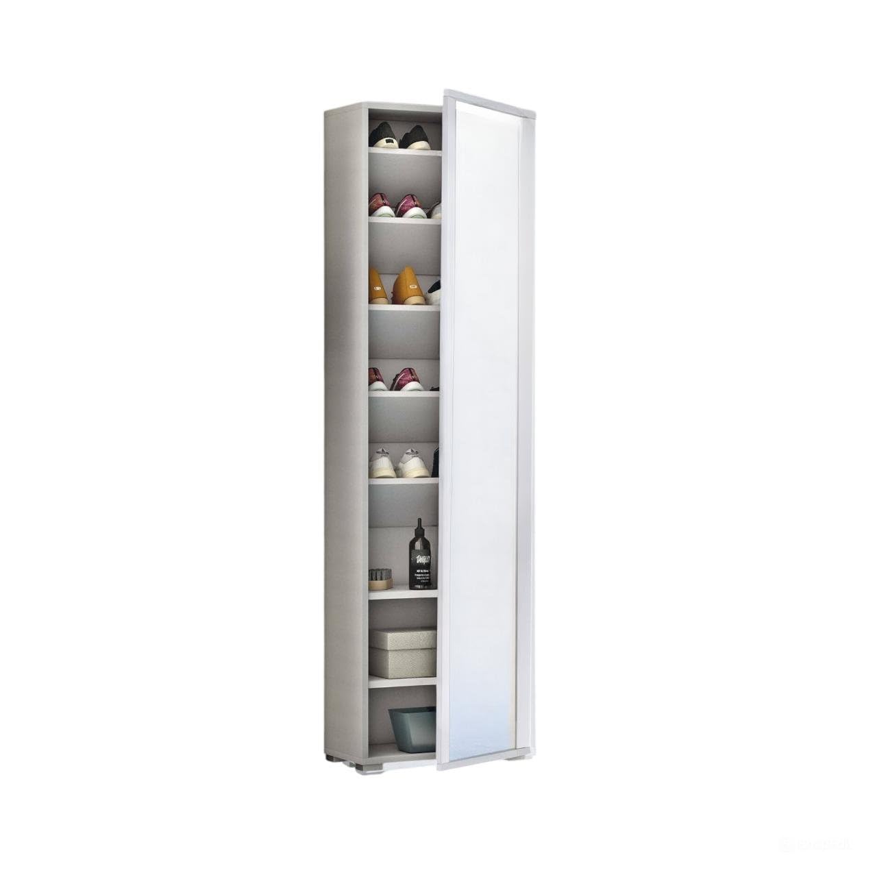 Dmora - Scarpiera Datura, Mobile multiuso da ingresso con anta a specchio , Armadio moderno portascarpe a 7 ripiani, 100% Made in Italy, 50x32hx182 cm, Bianco