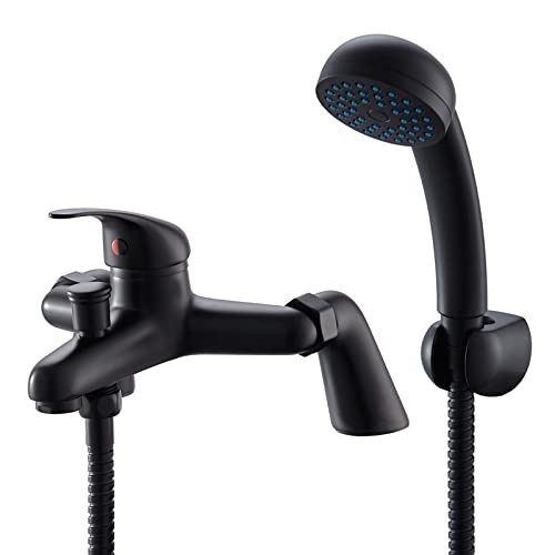 Bathroom Sink Taps with Shower Head, BATHWEST Modern Bath Tap with Shower Kit, Black Brass Single Lever Monobloc Bathroom Shower Mixer Taps 021NB