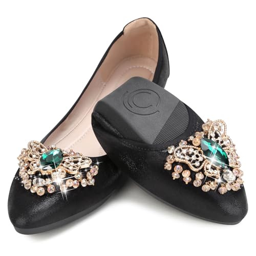 Image of KUNWFNIX Women Ballet Flats Rhinestone Wedding Ballerina Shoes Foldable Sparkly Comfort Slip on Flat Shoes