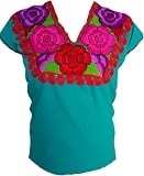 Handmade Mexican Embroidered Blouse for Women – Traditional Chiapas Manta Cotton Top, Colorful Floral Artisan Shirt (US, Alpha, Large, Regular, Regular, Turquoise)