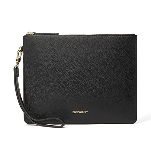DORIS&JACKY Leather Wristlet Clutch Purse for Women Large Slim Phone Pouch Bag With Detachable Strap(Black)