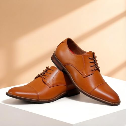Image of Men Dress Shoes Formal Wingtip Lace Up Latex Insole Oxford Business Wedding Leather Derby Shoe(Brown Pu 9.5)