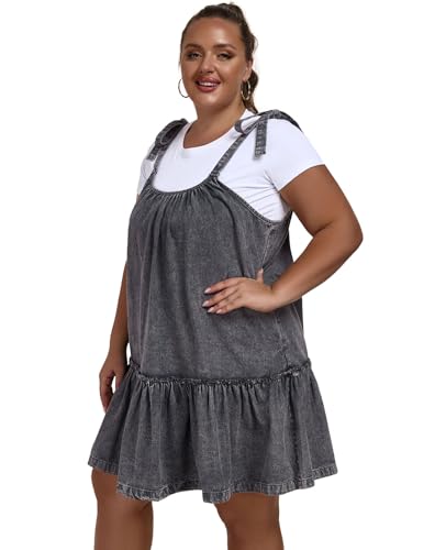 Image of Denim Dress for Women Tie Shoulder Sleeveless Denim Mini Dress Casual Flowy Babydoll Dress Wash Jean Dress