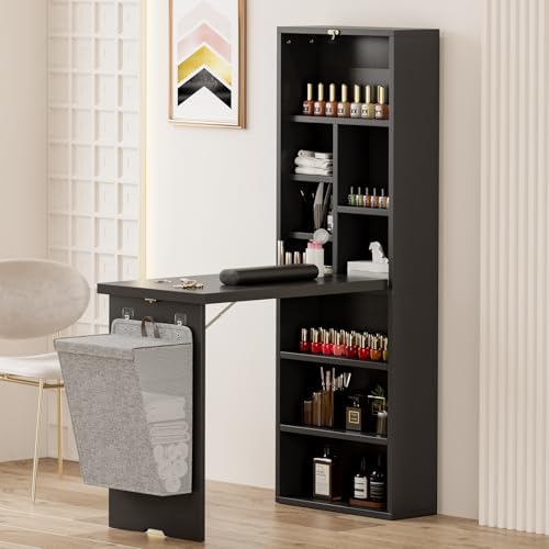 Belandi Foldable Manicure Table with Side Shelve, Expandable Nail Tech Table with Storage Fabric Bag, Wall Mount Nail Station Acetone Resistant Home Office Beauty Salon Workstation, Black