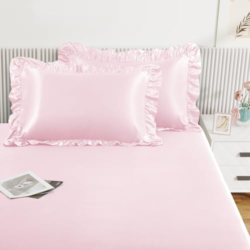 Image of Homiest Blush Pink TwinXL Ruffle Pillowcase & Satin Fitted Sheet Set 2Pcs | Silky Satin Protects Hair And Skin, 15-Inch Deep Pocket, Pearlescent Romantic Rosy Glow, Easy Machine Wash Care