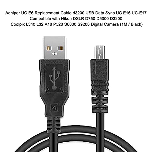 Adhiper UC-E6 USB-Kabel, Ersatz-Kamera UC-E16 UC-E17, Transferkabel, kompatibel mit Nikon DSLR D750, D5300, D7200, D3200, Coolpix L340, L32, A10, P520 (1.5m/Schwarz)