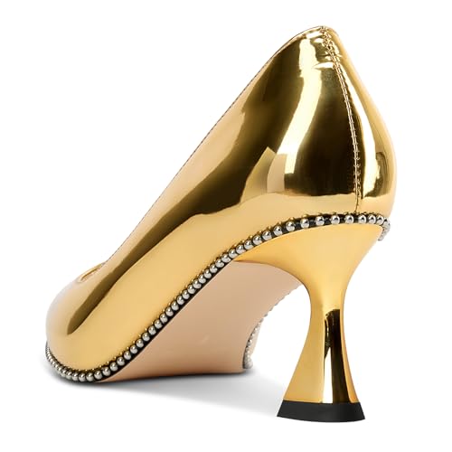 Image of TNYNFBEB Womens Kitten Heel Pointed Toe Pumps Slip-on Sliver Beaded Prom Wedding Dress Basic Classic Patent Leather Summer 2.6 Inches Heels