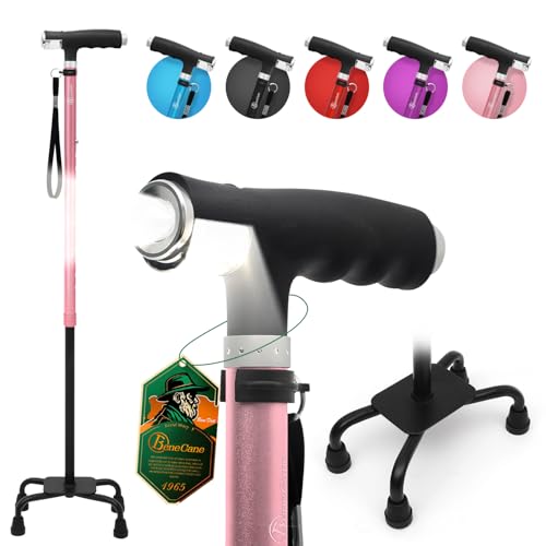 BeneCane Quad Cane Walking Cane with Two Led Lights with Big Base T Handle&Lightweight Adjustable Walking Stick Four Pronged Sturdy for Men and Women (Pink)