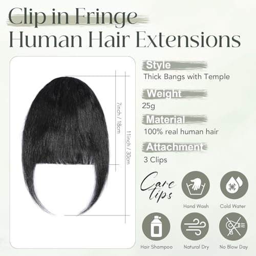 Clip in Fringe Human Hair Clip on Bangs Remy Hair Pieces for Women Short 25g Thing Bang #1 Jet Black - Image 2