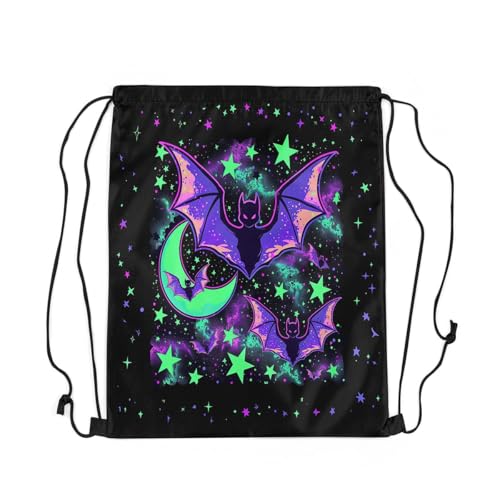 Feelyou Halloween Bats Sports Drawstring Sackpack Happy Halloween Drawstring Backpack Neon Boho Moon Galaxy Gym String Bag Purple Green Drawstring Bags
