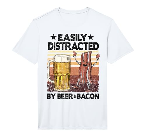 Mens Easily Distracted By Beer & Bacon Pork Meat Lovers Funny BBQ Performance T-Shirt