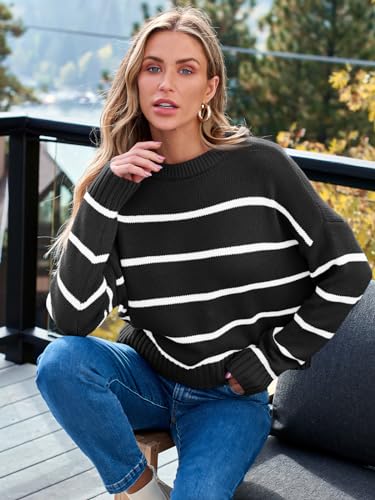 Image of LILLUSORY Womens Cropped Striped Sweater Casual Pullover Ribbed Knit Cute Crewneck Sweaters