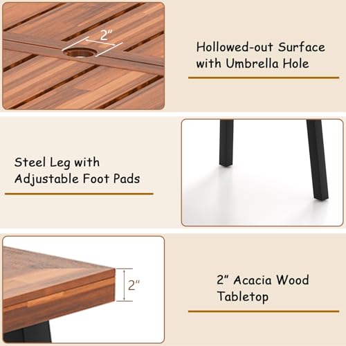 Image of Giantex Patio Dining Table with Umbrella Hole, Outdoor Picnic Table for Backyard, Garden, Lawn, Farmhouse, Acacia Wood Rectangular Table with Metal Legs, Rustic Brown
