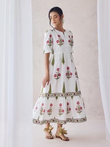 Image of FIORRA Women Fit & Flare Off-White Floral Printed Cotton Midi Dress