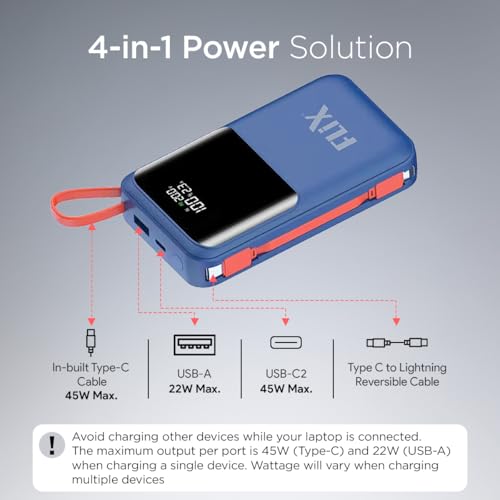 Image of FLiX (Beetel) UltraCharge XPB-P45 20,000mAh 45W QC Power Delivery PPS Power Bank, in-Built Type C & Lightning USB Fast Charging Cables, LED for Charging Percentage with Amp and Volt Display (Blue)