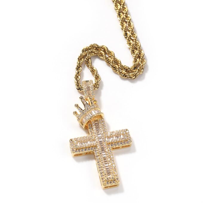 Stainless Steel 24inches Twist Rope Chain 18K Gold Plated Cross Pendant Necklace for Men Women,5A Cubic Zirconia Iced Out, Luxury Gift for Couple or Bestie - Image 5