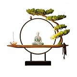 中国禅スタイル 人工盆栽 LEDライト付き 室内装飾品 | リビング・玄関・オフィスに調和するフェイクグリーン | 静かな雰囲気を演出する室内用インテリアギフト (青磁仏像)