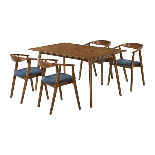 Armen Living Westmont Santana 5 Piece Walnut Wood Dining Table Set with Blue Fabric