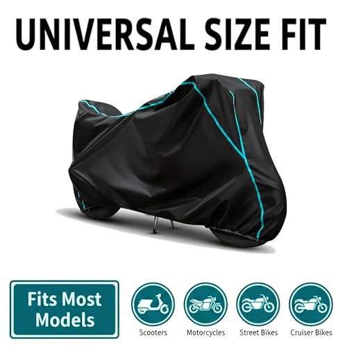 Image of Waterproof Bike Body Cover Compatible for | Indus Crux S Base | Taffeta Fabric, Sky Piping Design, Bottom Elastic Fit | Dustproof, Sun UV & Rain Protection for All Weather.