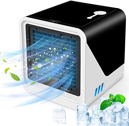 Portable Air Conditioner, Small Air Conditioner without Fan Blade and Outdoor, Personal Air Cooler with 3 Wind Speeds, USB Port and 7 Color Lights Mini Air Cooler with 500ml Water Tank for Office