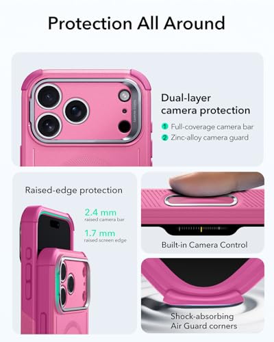 Image of ESR for iPhone 17 Pro Max Phone Case with Stand, 23ft Military-Grade Drop Protection with Camera Control, Shock-Absorbing Rugged Cover, Compatible with MagSafe Accessories, Cyber Series, Pink