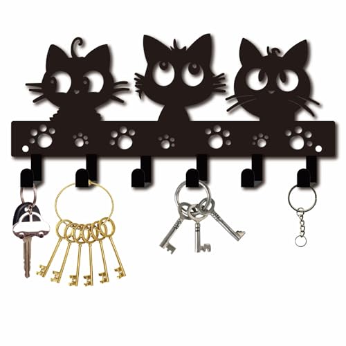 CREATCABIN Porte Clés Mural Métal Noir avec Patte Chat Crochet Décoratif en Forme Chat avec 6 Crochet pour Mur Salle Bain Serviette Cuisine Entrée Cadeaux Pendaison Crémaillère 27x13cm