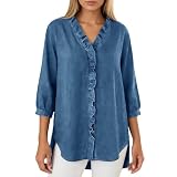 Generisch Blusa Vaquera Casual con Cuello Volante y Mangas Volantes 2026, azul, 3XL