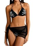WDIRARA Women's Skull Rhinestone Triangle Halter Tie 3 Piece Metallic Swimsuit and Wrap Skirt Black Glitter Medium