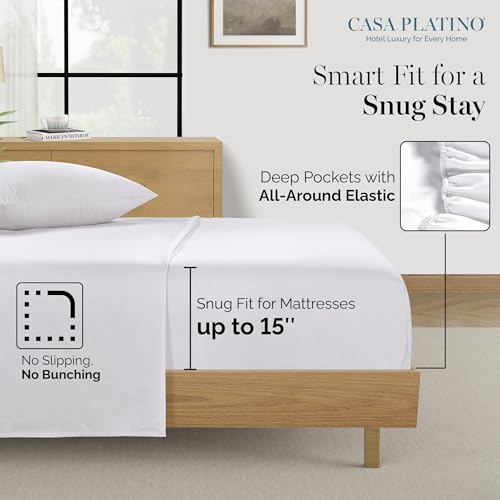Casa Platino 100% Egyptian Cotton Sheets California King Size Set - 6 Pcs (1 Flat, 1 Fitted, 4 Pillowcases)- Smooth Sateen Weave Bed Sheets, 15" Deep Pocket - Pure White Sheet Set