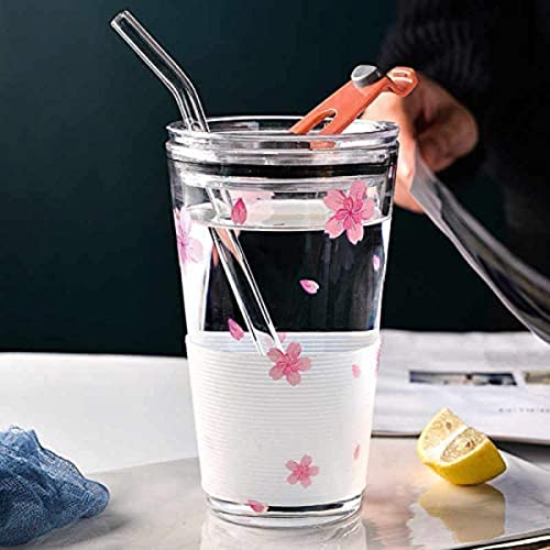 DITYA Enterprise Glass Tumbler with Lid and Straw Coffee Mug Tea Cup Travel Mug Smoothies Fruit Juice Bottle for Home and Office Milk Thick Shake Mug Juice Mug 370ml (Set of1)