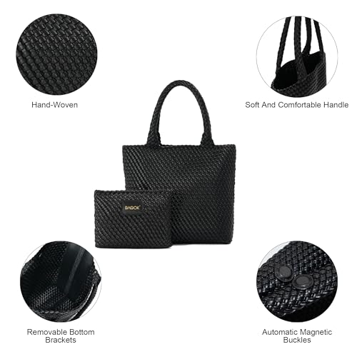 Image of BAGOK Woven Tote Bag for Women, Handwoven Vegan Leather Shoulder Bag with Clutch, Large Tote for Work, Travel & Beach