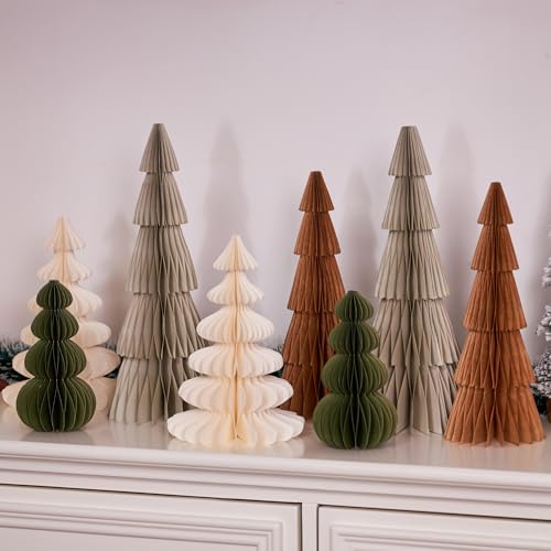 8PCS Paper Christmas Tree, Neutral Christmas Honeycomb Centerpieces, 3D Minimalist