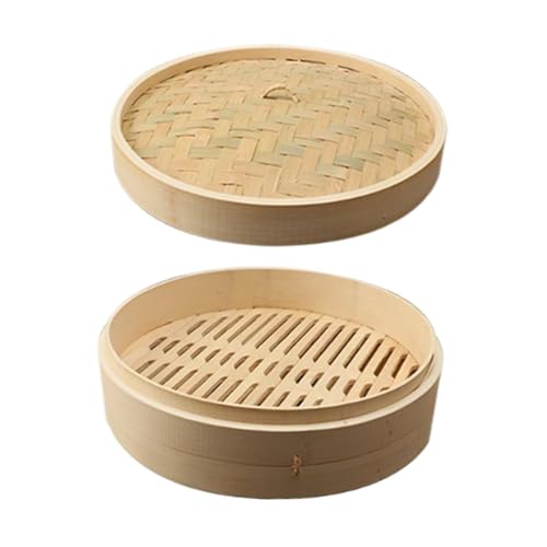 KiBcsLic Bamboo Steamer Basket Dumpling Steamer Round Cooking with Lid Chinese Asian Cuisine for Asian Food, Vegetable, Steaming Rice, 30cm