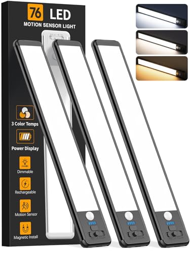 Image of Under Cabinet Lighting Wireless, Rechargeable 10inch Motion Sensor Light Indoor, 3 Color Closet Light Battery Operated with LED Power Display, Magnetic Under Counter Lights for Kitchen (3Pack-Black)