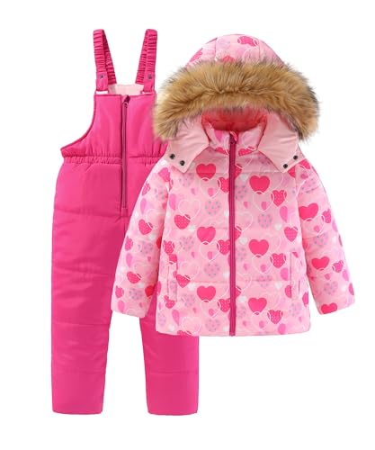 LUCKYLUAN Girl's 2 Piece Snowsuit Warm Insulated Snow Jacket and Bib Pants Outfit Set 7 Years Pink Hearts