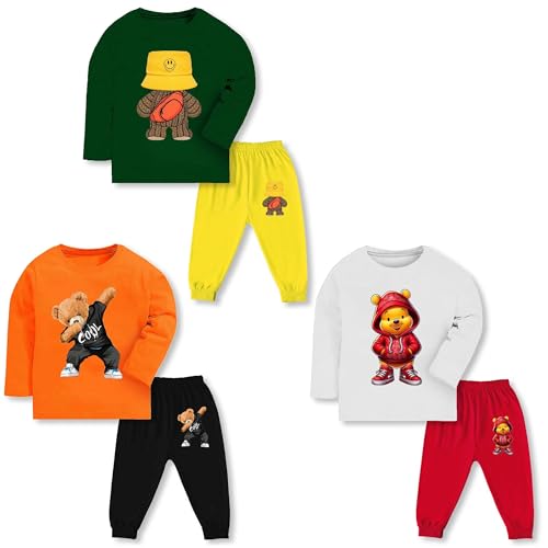 Image of TS LAVI TAVI Trendy Printed Unisex Cotton T-Shirt & Pyjama Set | Full Sleeve Top & Track Pant | Boys & Girls | Pack of 3 | Newborn & Kids