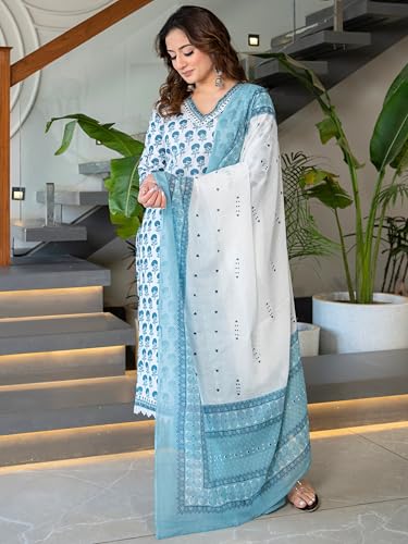 Image of Arayna Women's Pure Cotton Block Printed Ethnic Kurta Set with Palazzo & Dupatta