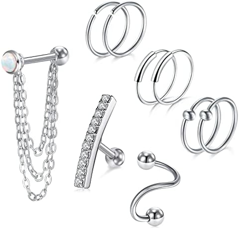 LAURITAMI 10pcs Helix Cartilage Tragus Studs Ring Hoops 6mm 16G Surgical Steel Earring Bars Piercing Jewellery CZ