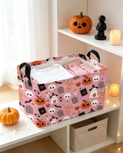 Image of Essme Rectangular Halloween Basket,Pink Storage Bins Organizer with Handles for Room Decor, Gift Basket.(Magic Halloween)