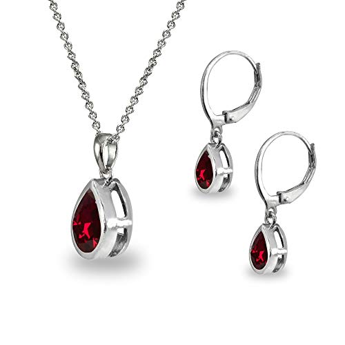 B. Brilliant Sterling Silver Synthetic Ruby Teardrop Bezel-Set Pendant Necklace & Dangle Earrings Set For Women, Teen Girls #TOP4