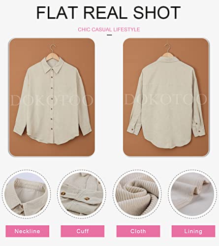 Dokotoo Womens V Neck Roll Up Long Sleeve Pocket Corduroy Shirts Casual Boyfriend Button Down Petite Blouses M Beige #TOP4