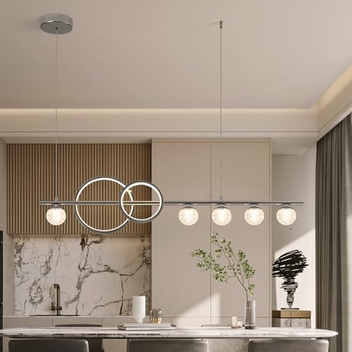 Ganeed Modern LED Chandelier, 7 Lights Dimmable Kitchen Island Pendant Lighting, Linear Globe Chandeliers Hanging Light Fixture for Living Dining Room