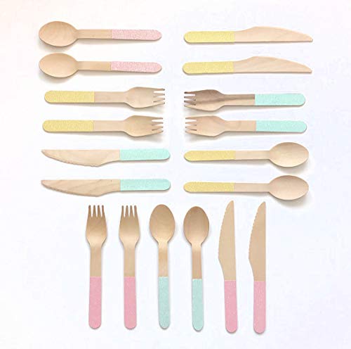 InviteMe Betoverend 18-delig pastelglitter houten bestek met lepels, vorken en messen met pastelgeel, roze en blauwe… - Image 3