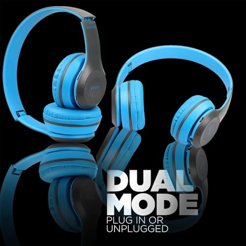 Image of Adjustable Wireless Headphone with Super Bass Sound Quality for All Device, Bluetooth & Wired Headset (Blue, on the Ear)