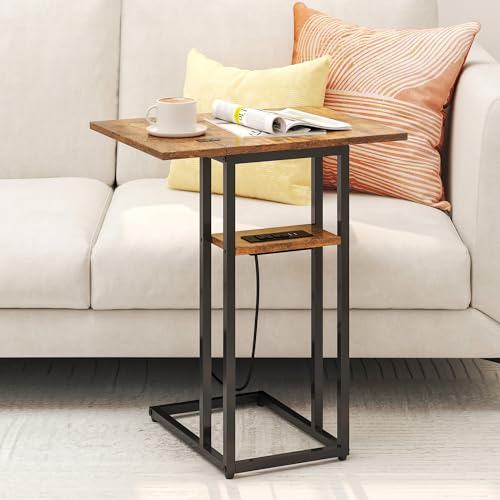 Sturdy Foldable End Table with One-Piece Load-Bearing Leg, C Shaped End Table with Charging Station, Side Frame No Assembly, Small Side Table for Couch, Living Room, Bedroom, Small Space, Rustic Brown