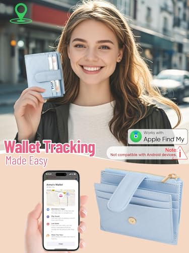 Women's Wallet Built-in Anti-Loss Tracker, RFID Blocking Small Compact Card Holder Wallet for Women Soft PU Leather Bifold Pocket Wallet Ladies Mini Purse with Zipper Pocket, ID Window (Light Blue)2