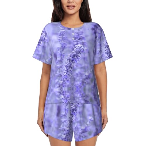Pyjama 2 pièces manches courtes femme imprimé fleurs lavande